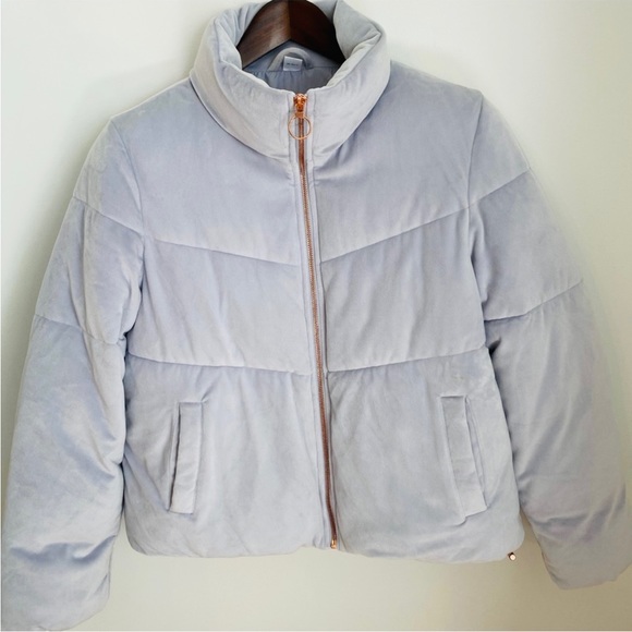 Old Navy Quilted Velour velvet suede Gray lilac purple Puffer Jacket Coat - Picture 3 of 7